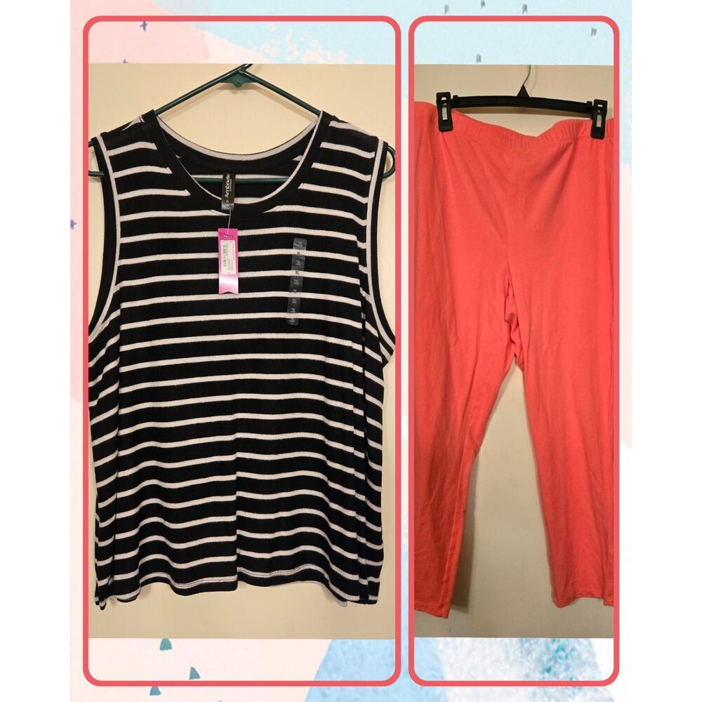 AMBRIELLE 2 Pc Sleep Set Black /White Stripe Tank & Pink Leggings - Women's XL